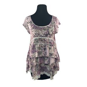 Tatienne Womens  Ruffled Top Size Medium Purple Floral Lace Accents New